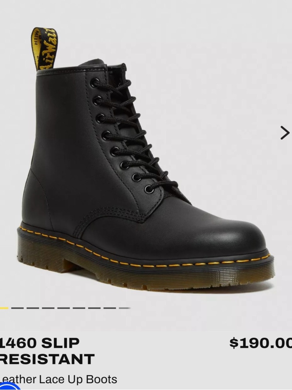 Dr. Martens Black Leather 8-Eye Lace-Up Boots with Yellow Welt Stitching